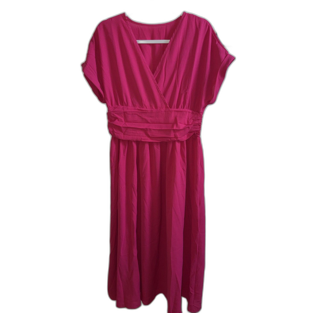 Hot Pink V-Neck Faux Wrap Maxi Dress Smocked Waist XL - Picture 1 of 7